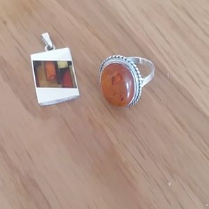 Amber ring and pendant set silver